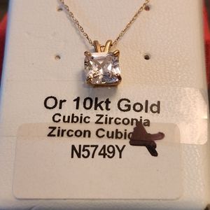 NEW 10K SOLID YG GENUINE PRINCESS-CUT CUBIC ZIRCONIA NECKLACE
